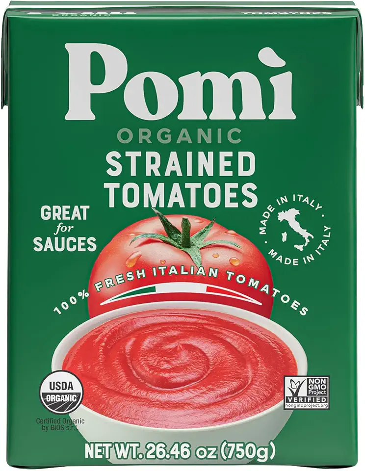 Pomì Organic Strained Tomatoes - Creamy Velvety Tomato Puree, No Additives or Preservatives - Tomato Puree Organic Made from 100% Fresh Italian Tomatoes - 26.46oz Carton(Pack of 12)