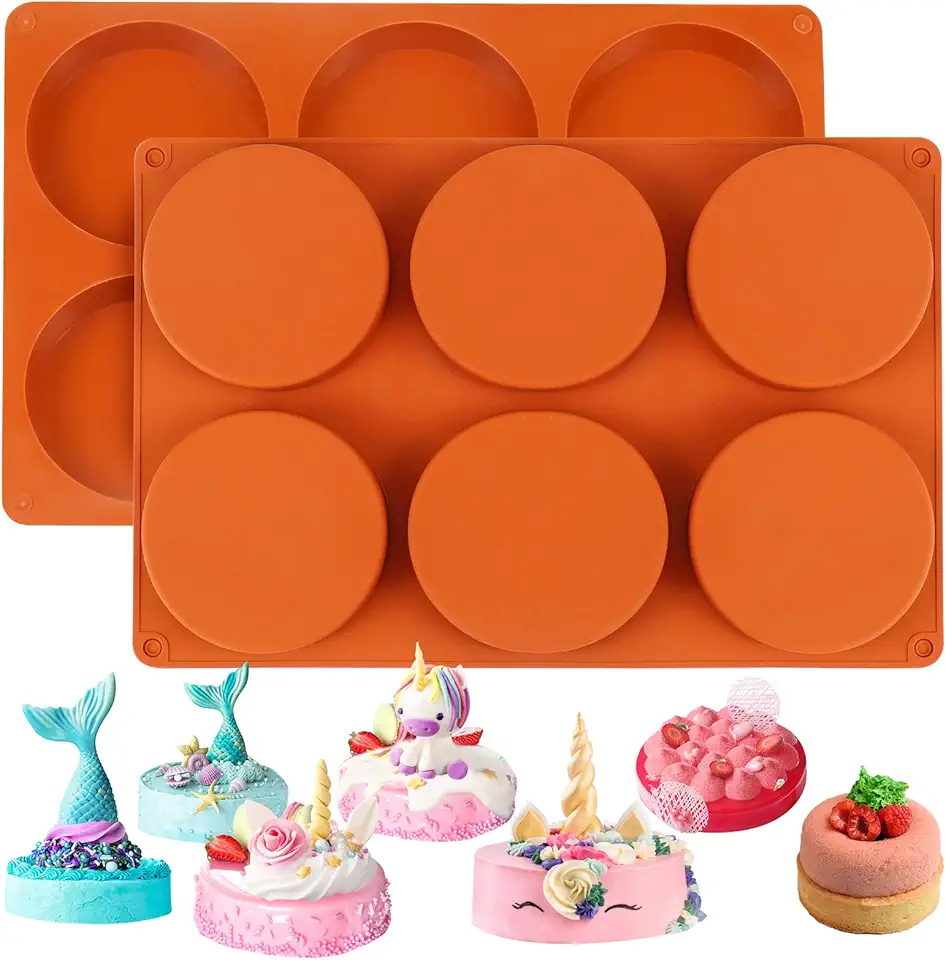 Palksky Silicone Molds for Baking (2 Pack)6-Cavity Large Round Disc Mold/English Muffins Pan/Resin Coaster Mold Non-Stick for Hamburger Chocolate Cake Pie Custard Tart Whoopie Pie Egg Pan