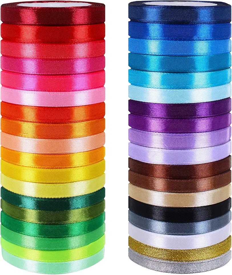 Winlyn 36 Colors 900 Yards Fabric Ribbons Satin Ribbons Metallic Glitter Ribbons Rolls Craft Ribbons Embellish Decorative Ribbons 2/5&quot; Wide for Floral Bouquet Gifts Crafts Bows Party Wedding