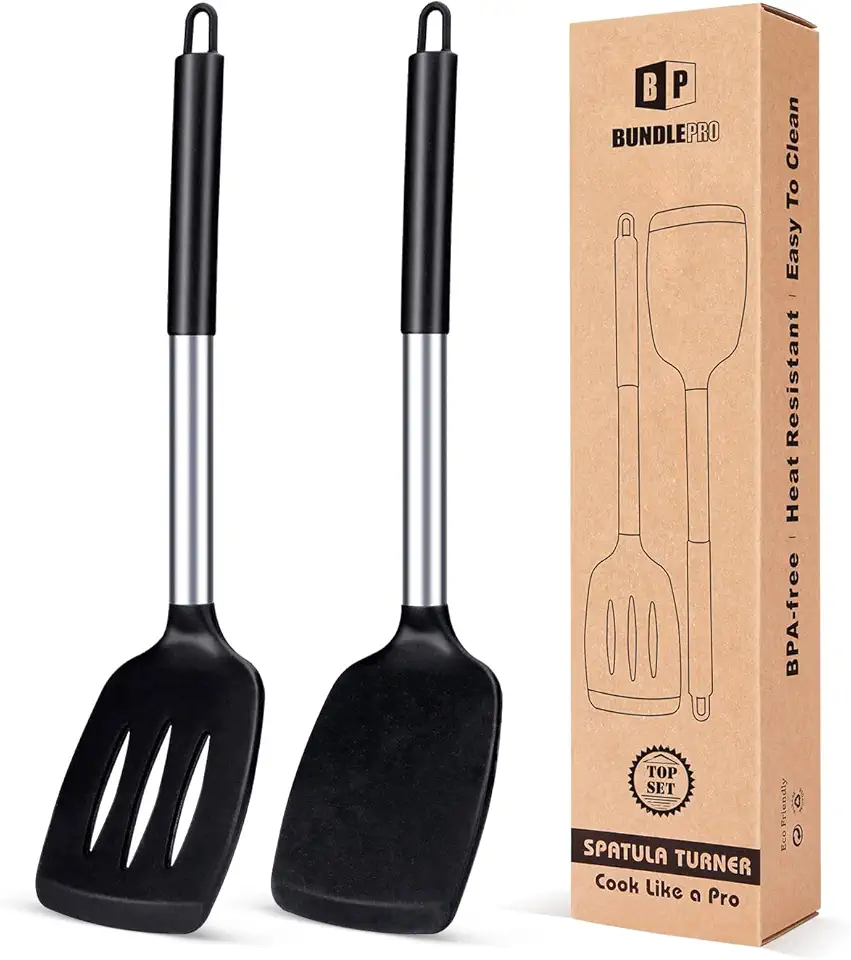 Pack of 2 Silicone Solid Turner, Non Stick Slotted Kitchen Spatulas, High Heat Resistant BPA Free Cooking Utensils, Ideal Cookware for Fish, Eggs, Pancakes(Black)