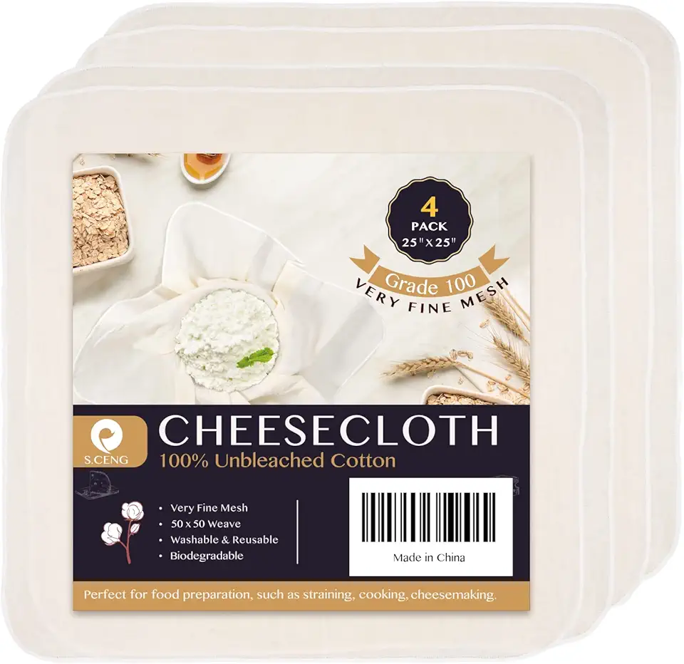 Precut Cheesecloth, 25 x 25&#x27;&#x27; 4 Pack, Grade 100, Ultra Fine Muslin Cloth for Straining &amp; Cooking, 100% Unbleached Cotton Cloths