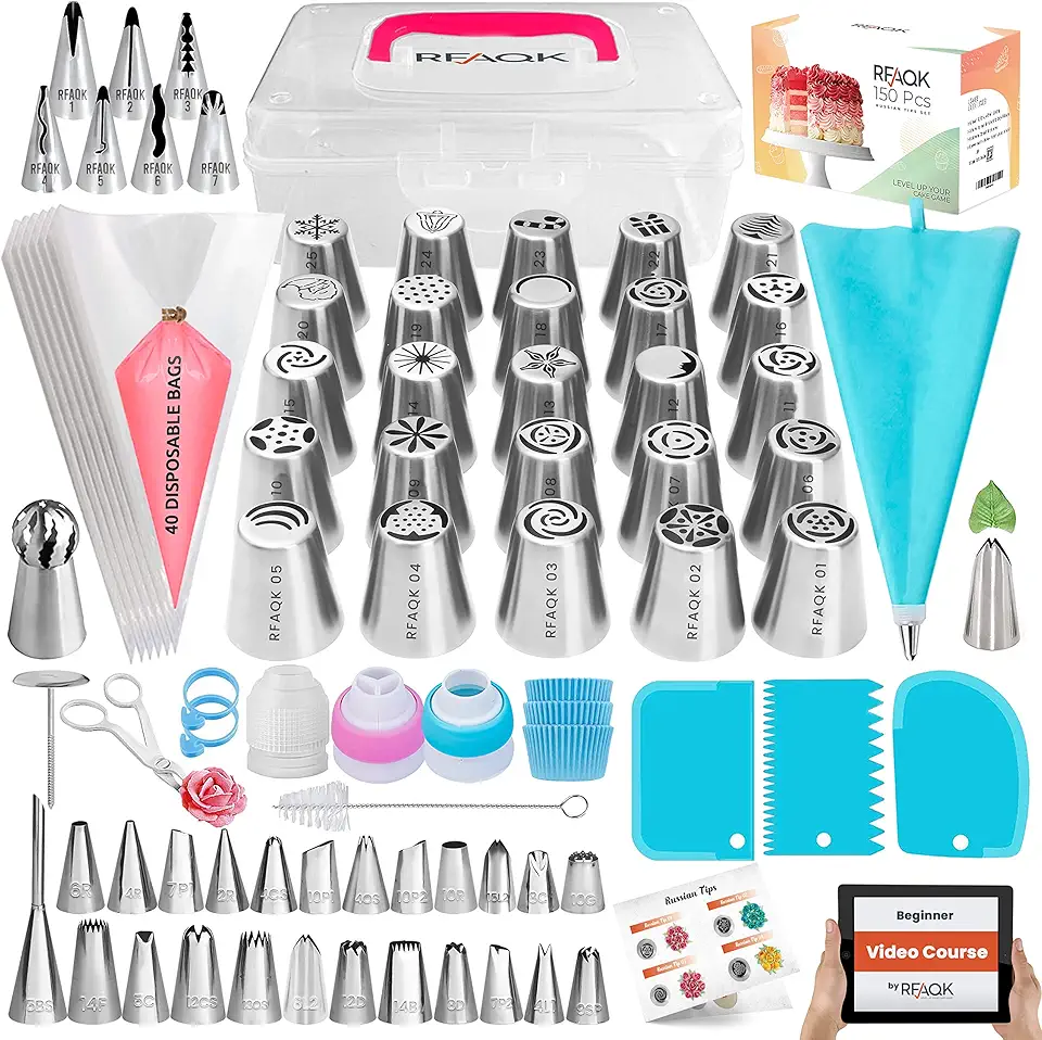 150PCs Russian Piping Tips for Cake Decorating - Piping Bags and Tips Set include 25 Extra Large Russian Tips,31 Icing Tips, 41 Pastry Bags &amp; Other Frosting Tools for Cookie, Cupcake &amp; Cake Decoration