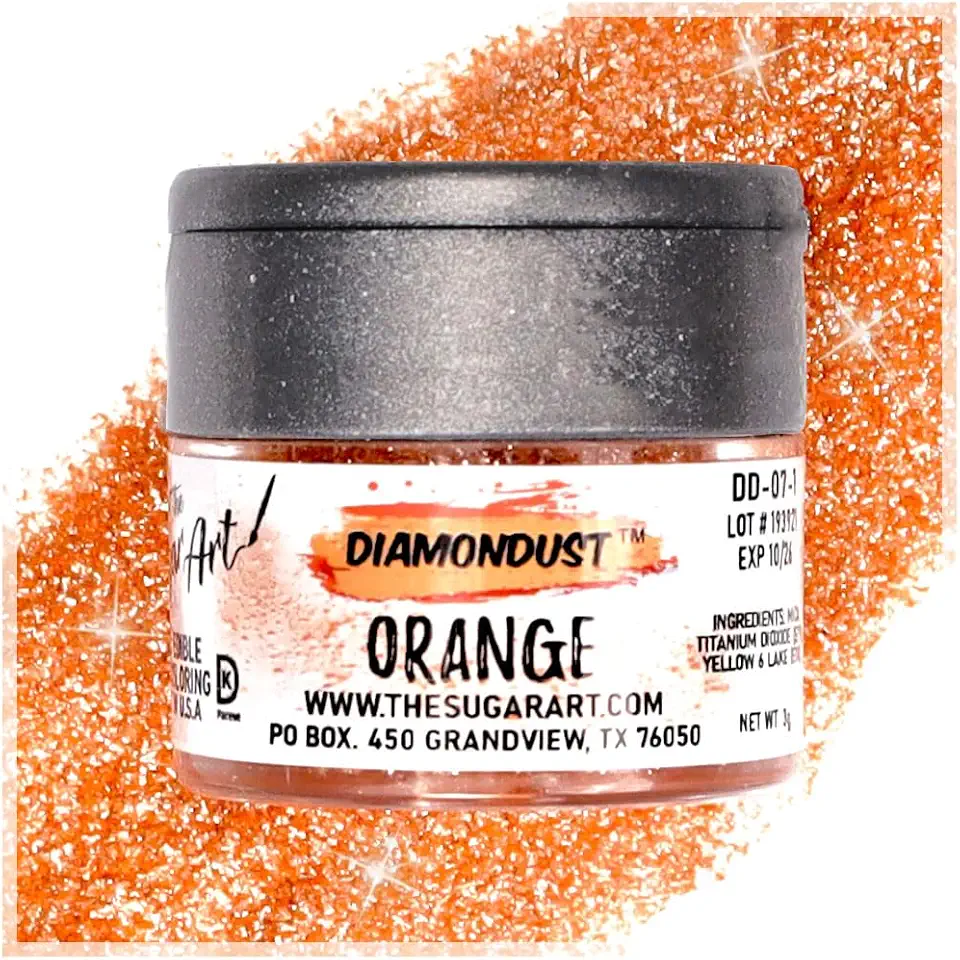 Orange Edible Glitter for Drinks, Cocktails, Cake Decorating, Strawberries, Chocolates &amp; More | No Taste | 4g | 100% Food-Safe | Kosher, Vegan, Gluten &amp; Nut Free | DiamonDust by The Sugar Art