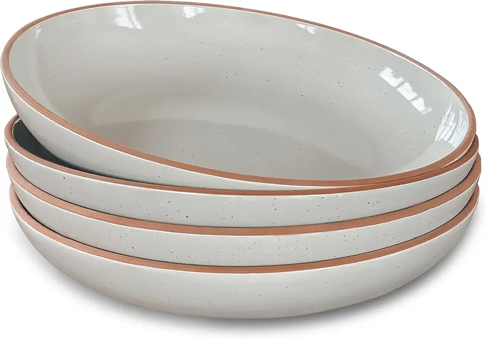 Mora Ceramic Large Pasta Bowls 30oz, Set of 4 - Serving, Salad, Dinner, etc Plate/Wide Bowl - Microwave, Oven, Dishwasher Safe Kitchen Dinnerware - Modern Porcelain Stoneware Dishes, Earl Grey