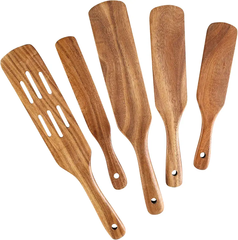 5 Pcs Wooden Spurtles Set for Cooking, NAYAHOSE Natural Teak Wood Slotted Spurtles for Stirring, Mixing, Serving, Non-Stick Heat-Resistant Kitchen Utensils Tools