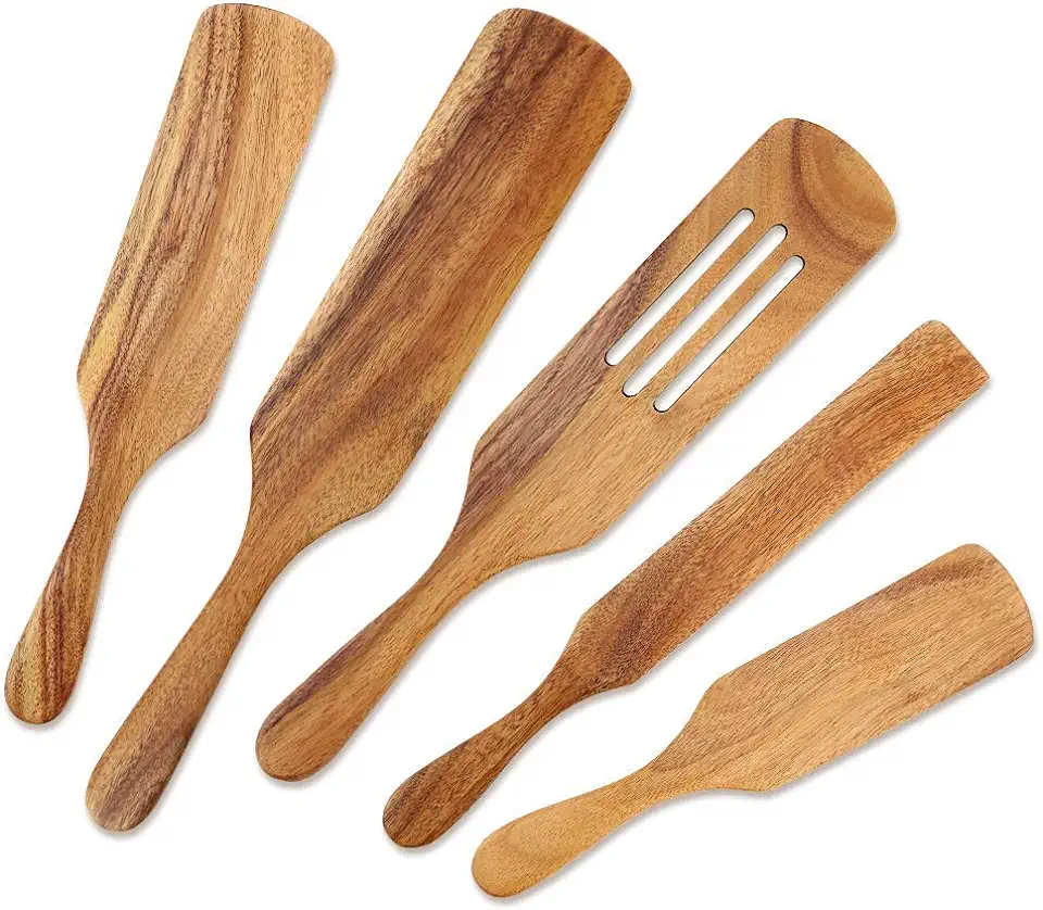 Wooden Cooking Utensils, Wooden Spatulas Set As Seen On TV, AOOSY 5 Pcs Natural Acacia Wood Spurtle Kitchen Tools Utensil Set Heat Resistant Non Stick Wood Cookware, Slotted Spatula for Stirring