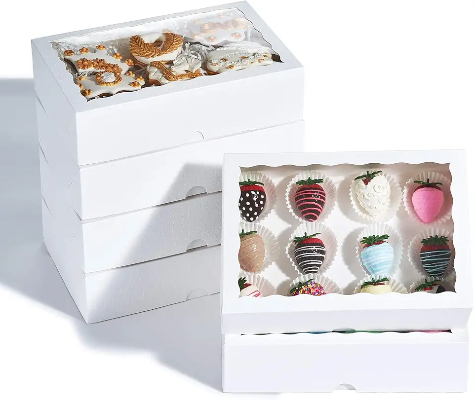 12PCS 10 x 7 x 2.5 inches Premium Fancy White Strawberry Boxes, Cookie Boxes, Elegant White Bakery Box with Display Window