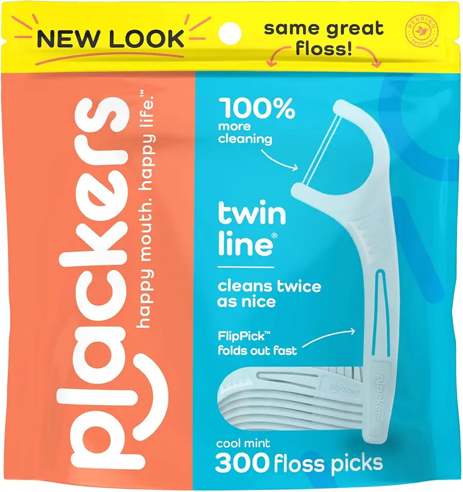 Plackers Twin-Line Dental Flossers, Cool Mint Flavor, Dual Action Flossing System, Easy Storage, Super Tuffloss, 2X The Clean, 300 Count (Pack of 1)