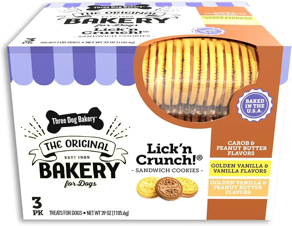 Three Dog Bakery Lick&#x27;n Crunch Sandwich Cookies Premium Dog Treats with No Artificial Flavors, Carob/Peanut Butter, Golden/Vanilla, 39 Ounces (Pack of 1)