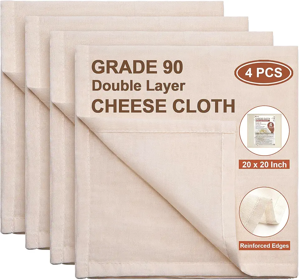 Cheese Cloths, 4 PCS Double Layers, Precut 20x20 Inch, Grade 90 Hemmed Cheesecloth for Straining Cooking, Ultra Fine Cloth Strainer Reusable, 100% Unbleached Cotton Muslin Cloth for Juicing Baking