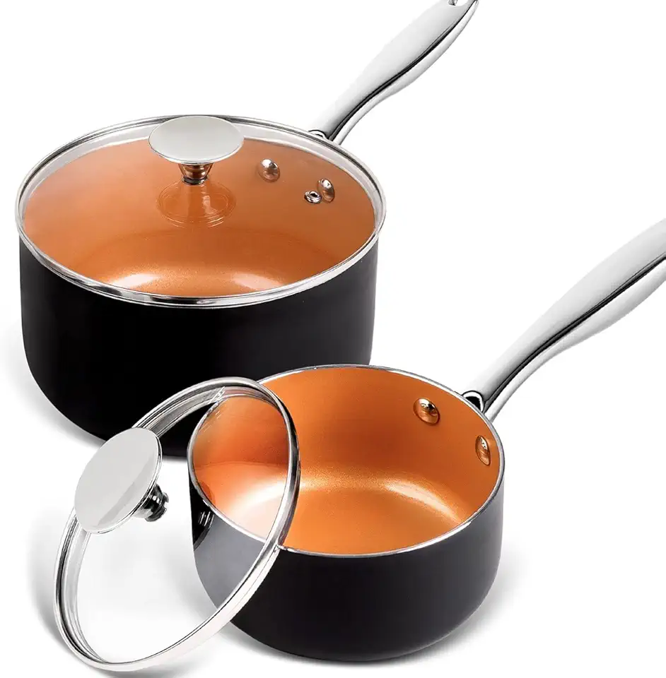 MICHELANGELO Saucepans 1.5QT &amp; 3QT, Copper Saucepan Set With Non-stick Ceramic Interior For Multipurpose Use, Nonstick Saucepan With Lid, Copper Small Pot 1.5 Quart &amp; 3 Quart