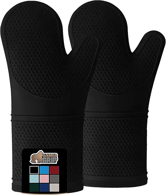 Gorilla Grip Heat and Slip Resistant Silicone Oven Mitts Set, 14.5 in, Soft Cotton Lining, Waterproof, BPA-Free, Extra Long Thick Gloves for Cooking, BBQ, Kitchen Mitt Potholders, Black