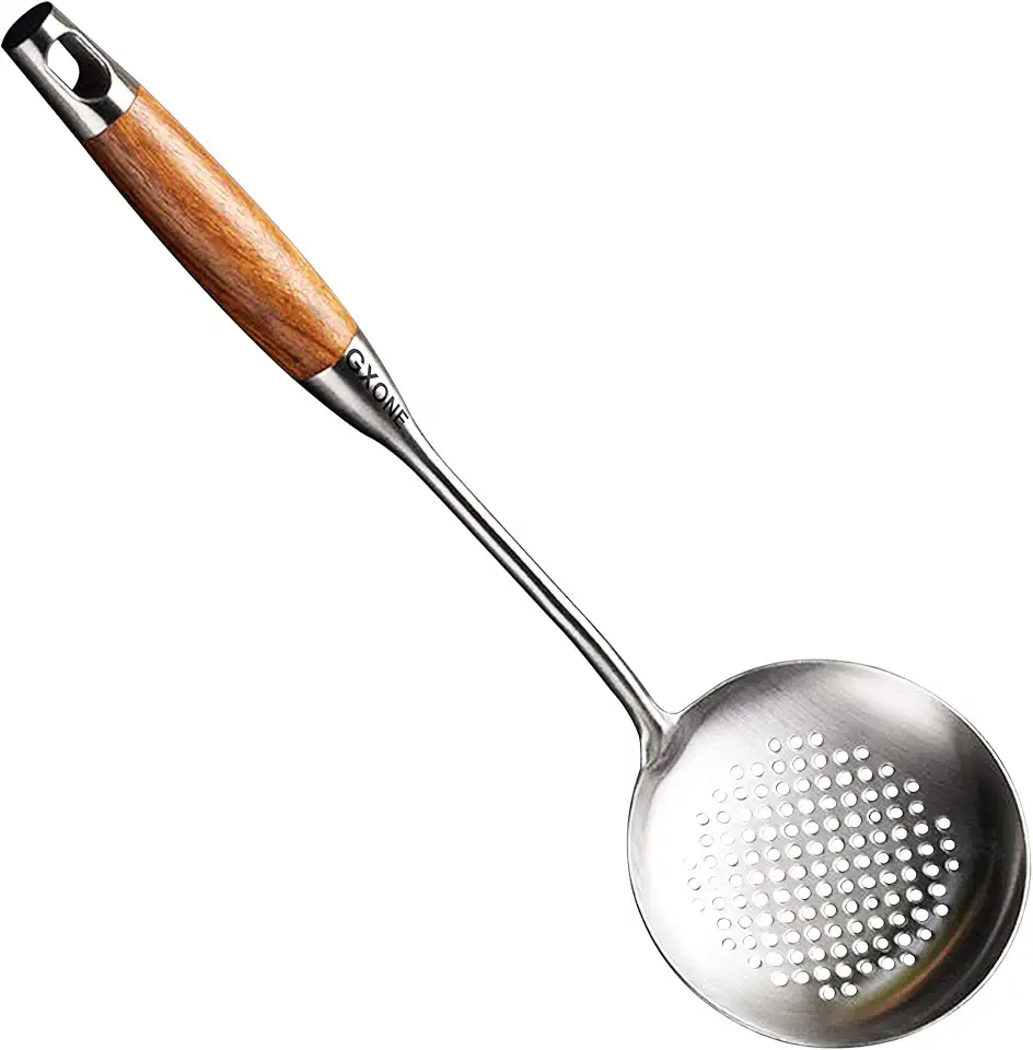 Slotted Spoon,304 Stainless Steel Skimmer Spoon with Heat Resistant Wooden Handle,Silver/15.8Inch