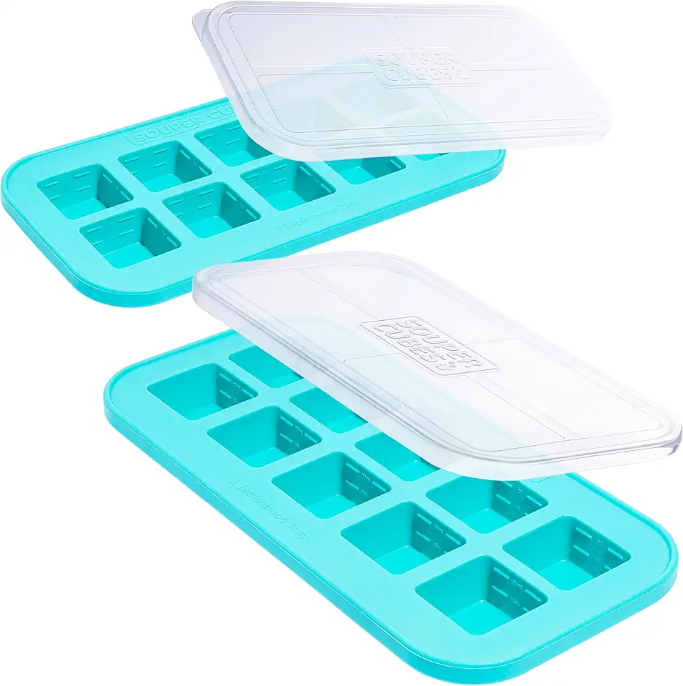 Souper Cubes 2 Tbsp Silicone Freezer Molds With Lids - Silicone Herb Freezer Molds - Silicone Freezer Tray with Lids for Baby Food, Pesto, Tomato Paste and More - Aqua – 2-Pack