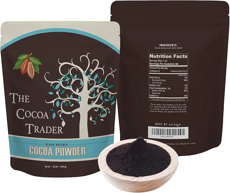 The Cocoa Trader - Black Cocoa Powder for Baking (5lb) - Darkest Dutch Processed Cocoa Powder, Unsweetened Chocolate Flavor | Natural Substitute for Black Food Coloring, Bulk | Sugar Free, Extra Dark