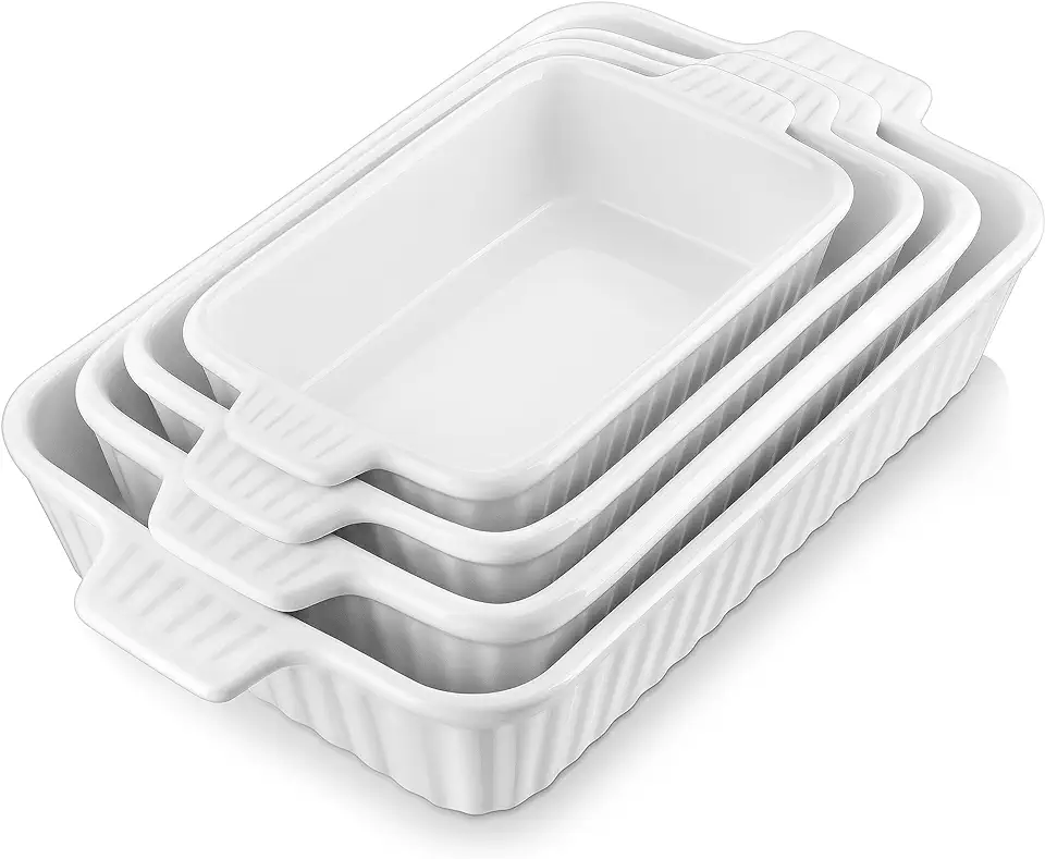 MALACASA Casserole Dishes for Oven, Porcelain Baking Dishes, Ceramic Bakeware Sets of 4, Rectangular Lasagna Pans Deep with Handles for Baking Cake Kitchen, White (9.4&quot;/11.1&quot;/12.2&quot;/14.7&quot;), Series