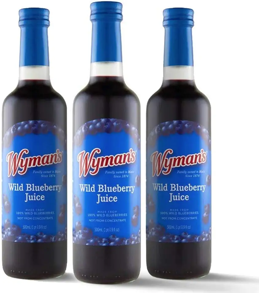 Wyman&#x27;s Wild Blueberry Juice, 100% Juice, No Sugar Added, Not From Concentrate, Glass Bottled, 500mL (3 Pack)