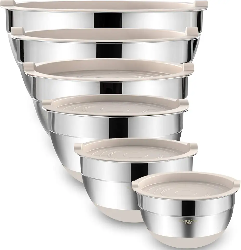 Umite Chef Mixing Bowls with Airtight Lids, 6 piece Stainless Steel Metal Nesting Storage Bowls, Non-Slip Bottoms Size 7, 3.5, 2.5, 2.0,1.5, 1QT, Great for Mixing &amp; Serving (Khaki)