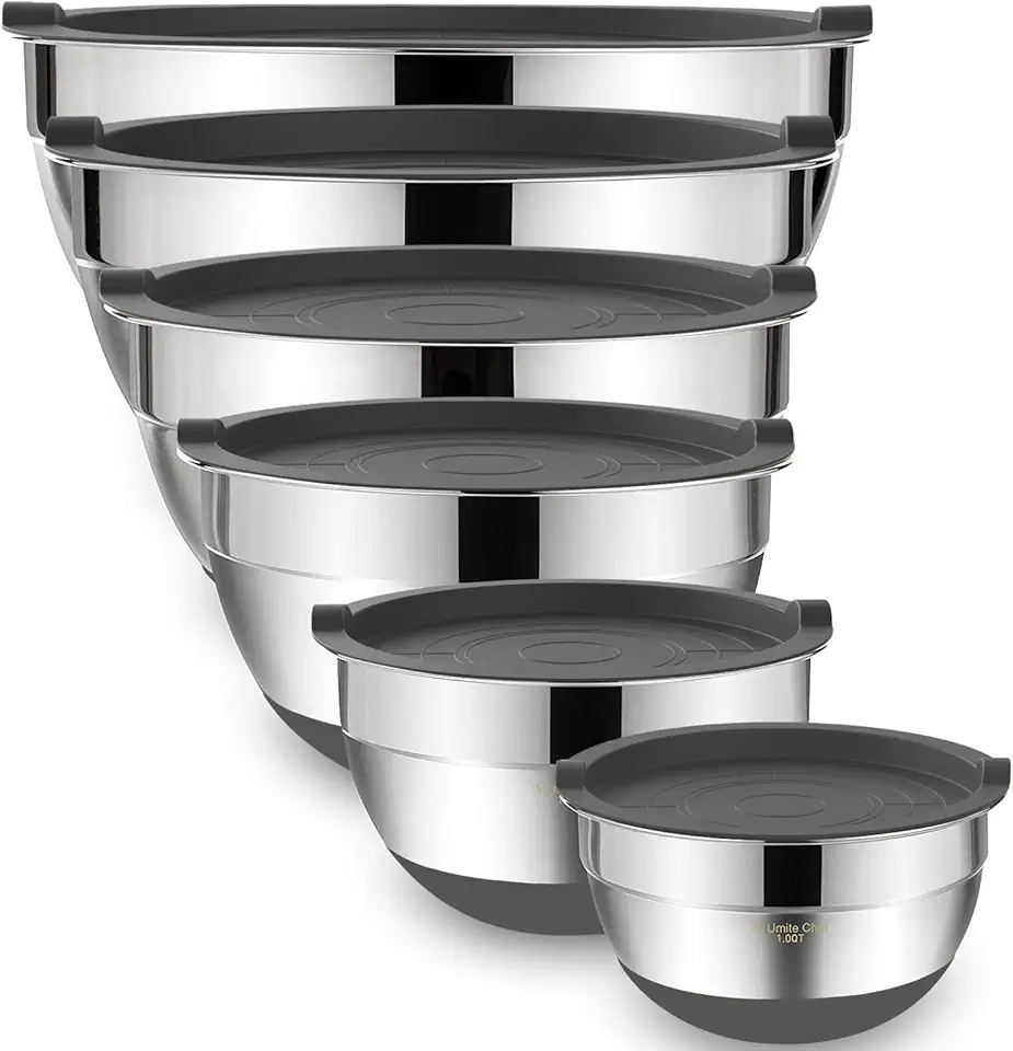 Umite Chef Mixing Bowls with Airtight Lids，6 piece Stainless Steel Metal Nesting Storage Bowls, Non-Slip Bottoms Size 7, 3.5, 2.5, 2.0,1.5, 1QT, Great for Mixing &amp; Serving(Grey)