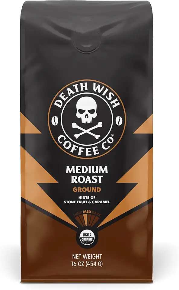 Death Wish Coffee Co., Organic and Fair Trade Medium Roast Ground Coffee, 16 Ounce (Pack of 1)