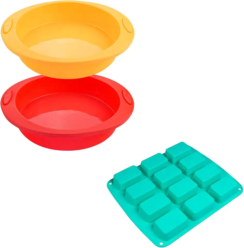 Webake 2 pcs Round Cake Pan Silicone 9 Inch Cake Mold Layer Cake Baking Pan and 1 pcs Brownie Pan Silicone Mini Loaf Pan, Rectangular Bar Mold For Soap, Candy, Bread Baking, Butter, Granola Snacks