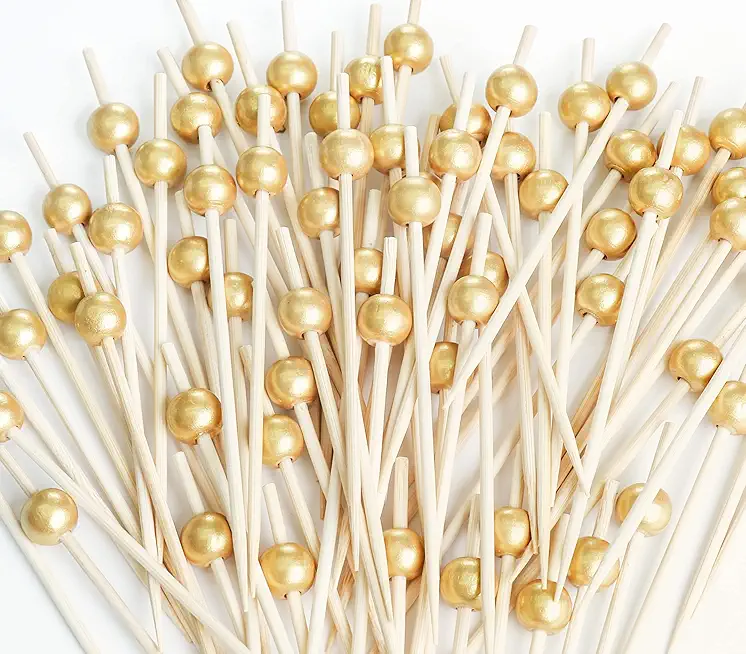 Fancy Toothpicks, 200PCS Bamboo Cocktail Picks with Gold Pearls, Appetizers Skewers for Charcuterie Boards, Drinks, Fruits, 4.7 Inch