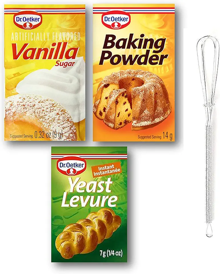 Dr. Oetker Baking Essentials Bundle Pack of Baking Powder, Yeast Levure, Vanilla Sugar, and Mini Stainless Steel Whisk (10-Piece Set)