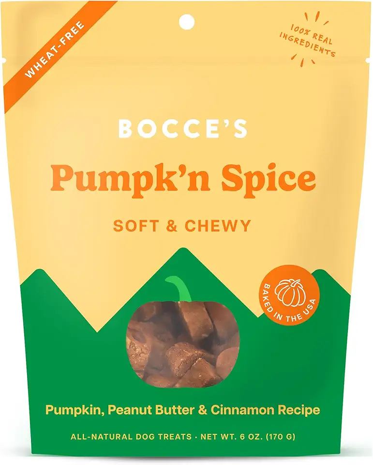 Bocce’s Bakery Pumpk&#x27;n Spice Treats for Dogs, Wheat-Free Everyday Dog Treats, Made with Real Ingredients, Baked in The USA, All-Natural Soft &amp; Chewy Cookies, Pumpkin, Peanut Butter, &amp; Cinnamon, 6 oz