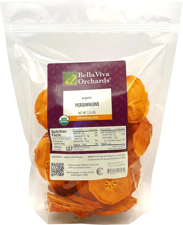 Bella Viva Orchards Organic Dried Persimmons - USDA-Certified Organic Natural Dried Fruit Slices, Sustainable No Sugar Added Snack, Bulk 1.5-Pound Pack