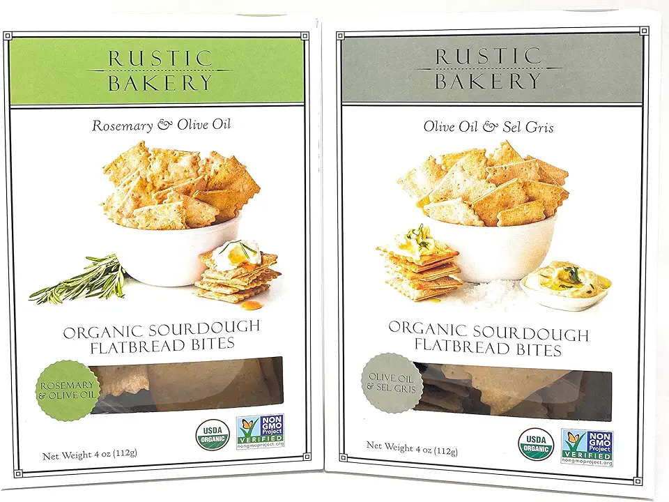 Rustic Bakery Crackers Organic Rosemary Sourdough Gourmet Flatbread Bite Size Twice Baked Variety Bundle | Olive Oil &amp; Sel Gris , Rosemary &amp; Olive Oil- 4 oz