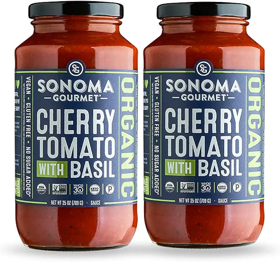 Sonoma Gourmet Cherry Tomato With Basil Pasta Sauce | USDA Organic, Non-GMO, Gluten-Free and No Sugar Added | Made With Fresh Ingredients | 25 Ounce Jars (Pack of 2)