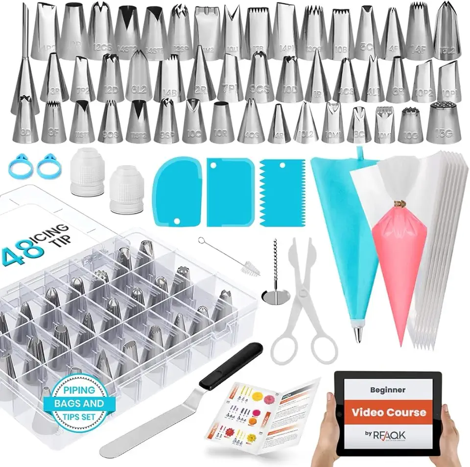 RFAQK 100PCs Icing Piping Bags and Tips Set, 12 Inch Pastry Bags with Piping Tips 48-Numbered+ Video Course + Booklet + E-book, Cake Decorating Kit for Cookie Cupcake Cake Decoration