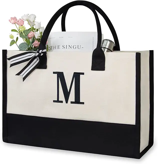 Personalized Initial Canvas Beach Bag, Monogrammed Gift Tote Bag for Women