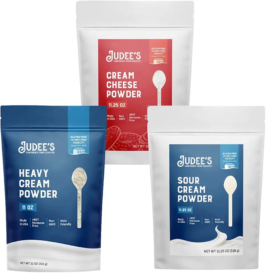 Judee&#x27;s Cream Bundle: Heavy Cream Powder (11 oz), Cream Cheese Powder (11.25 oz), and Sour Cream Powder (11.25 oz), Made in USA, Dairy Flavors, Keto Friendly, Dedicated Gluten &amp; Nut Free Facility