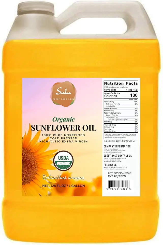 100% Pure Certified Organic Extra Virgin High Oleic Sunflower Oil- 1 Gallon/128 fluid ounces