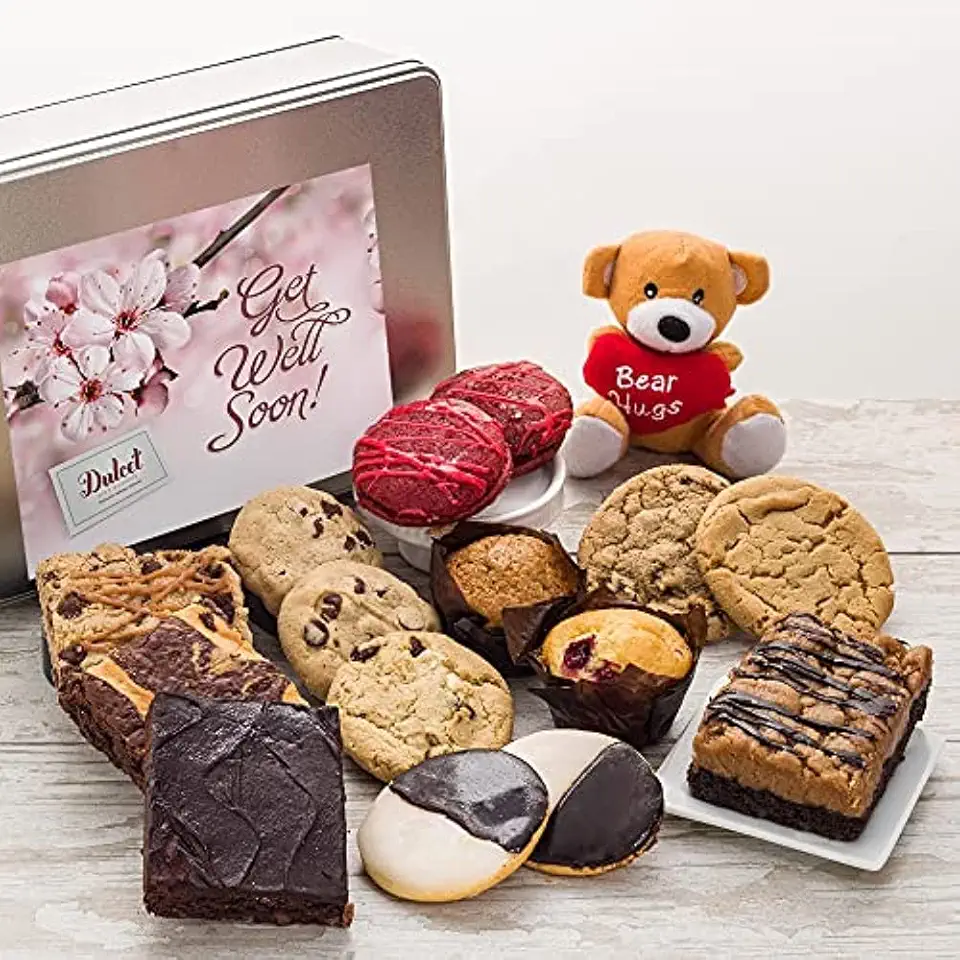 Gourmet Get Well Soon Gift Box With Teddy Bear By Dulcet Gift Baskets- Handmade Freshly Baked Treats- Tin Box With Assorted Cookies &amp; Brownies, Blueberry Muffins, Red Velvet Whoopie Pies, Crumb Cake