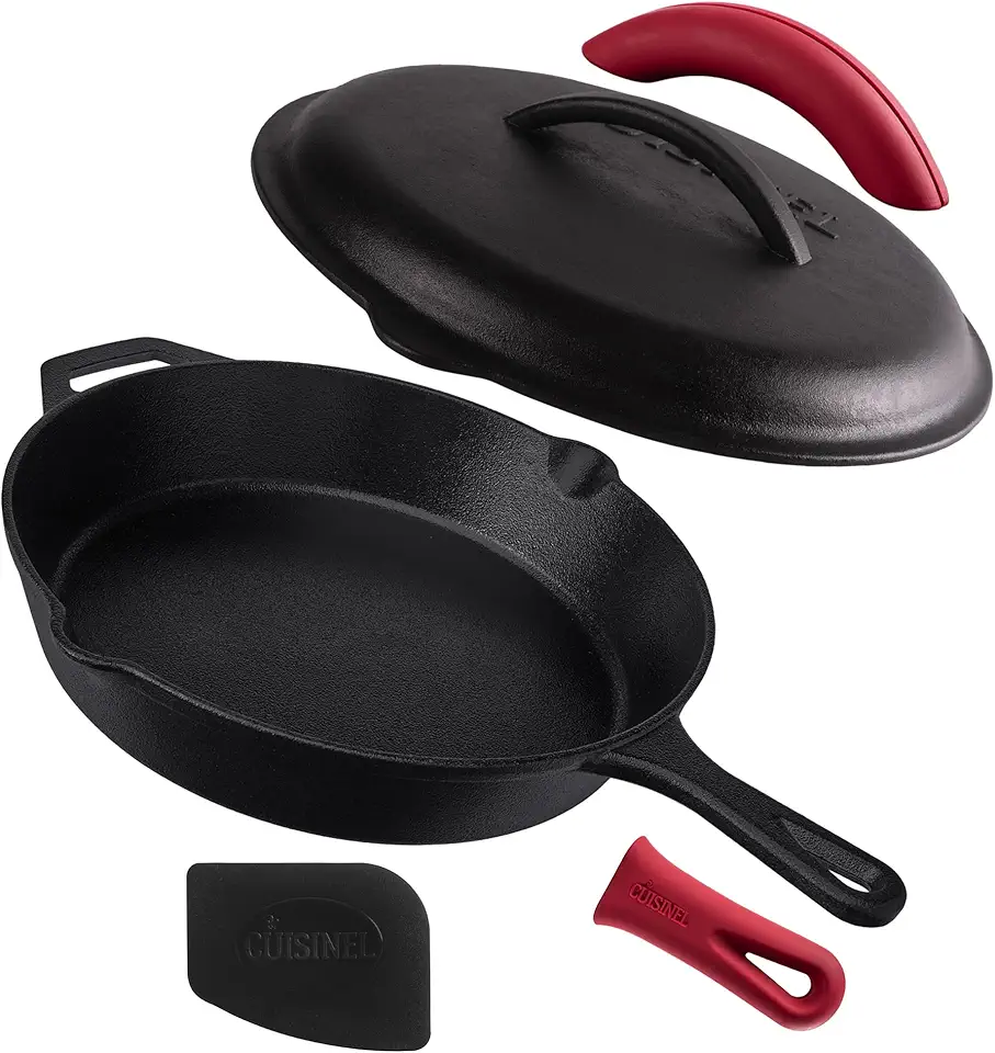 Cuisinel Cast Iron Skillet with Lid - 12&quot;-inch Pre-Seasoned Covered Frying Pan Set + Silicone Handle &amp; Lid Holders + Scraper/Cleaner - Indoor/Outdoor, Oven, Stovetop, Camping Fire, Grill Safe Cookware