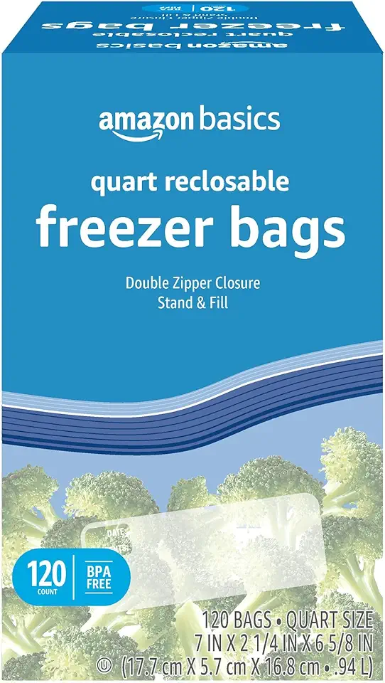 Amazon Basics Reclosable Freezer Quart Bags, Stand &amp; Fill Base, 120 Count