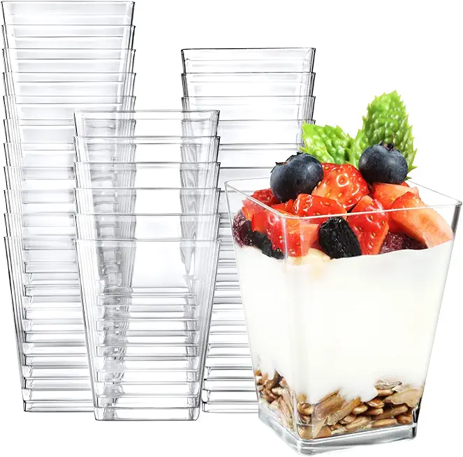 Eupako 100 Pack 5 oz Square Clear Plastic Dessert Cups Small Clear Plastic Tumbler Cups Great for Desserts, Appetizers, Puddings, Mousse and More