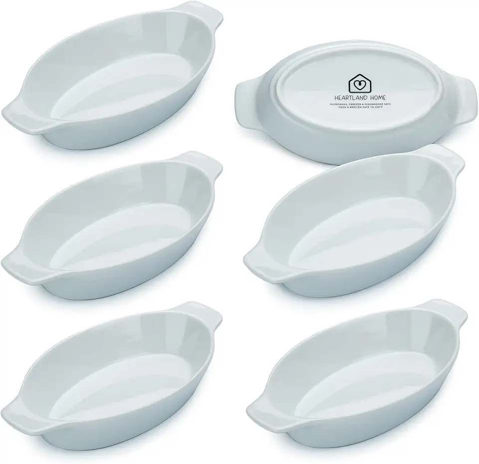 Heartland Home Porcelain Mini Casserole Dish Oval (6pc Set). Cauliflower Au Gratin Baking Dish, Banana Split Bowls, Single Serving, Small Individual