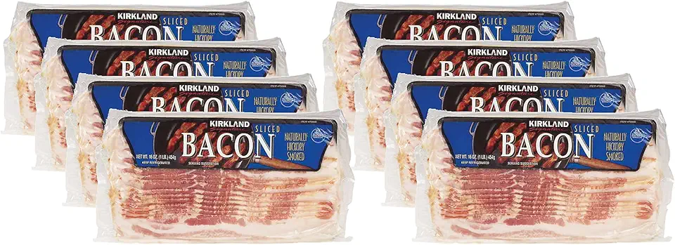 Gourmet Kitchn Kirkland Signature Premium Sliced Bacon - Naturally Hickory Smoked - 8 Total Packages of 1 Lb Each Package - Bulk Size, 2 Pack