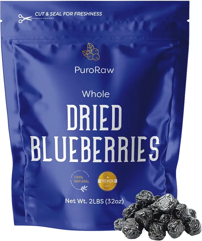 Dried Blueberries No Sugar Added, 2 lbs. Blue Berries Fruit, Dehydrated Blueberries Fresh Dried Blueberries Bulk, Blueberry Raisins. All Natural, Non-GMO, Batch Tested, 2 pounds, By PuroRaw.