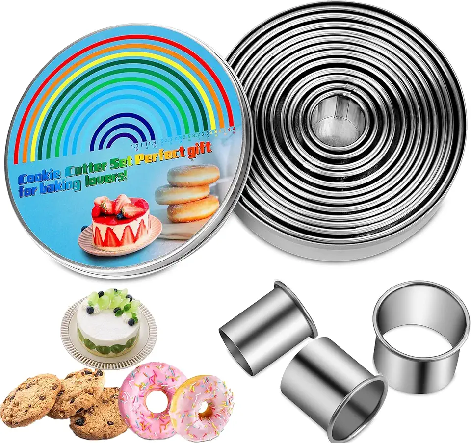 12 Pieces Biscuit Cookie Cutter Set With Tin Box Biscuit Plain Edge Round Cutters Metal Ring Baking Molds, Stainless Steel Cookie Dough Biscuit Muffins Cutters in Graduated Sizes