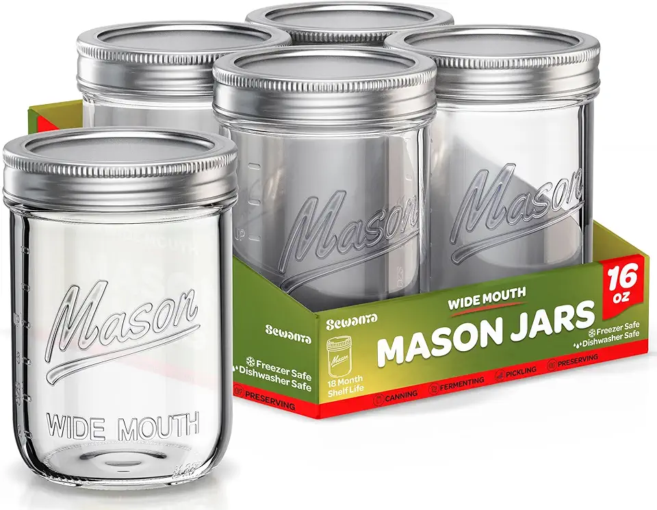 SEWANTA Wide Mouth Mason Jars 16 oz [5 Pack] With mason jar lids and Bands, mason jars 16 oz - For Canning, Fermenting, Pickling - Jar Décor - Microwave/Freeze/Dishwasher Safe.