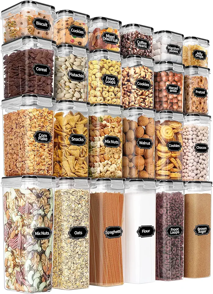 PRAKI Airtight Food Storage Containers Set with Lids - 24 PCS, BPA Free Kitchen and Pantry Organization, Plastic Leak-proof Canisters for Cereal Flour &amp; Sugar - Labels &amp; Marker