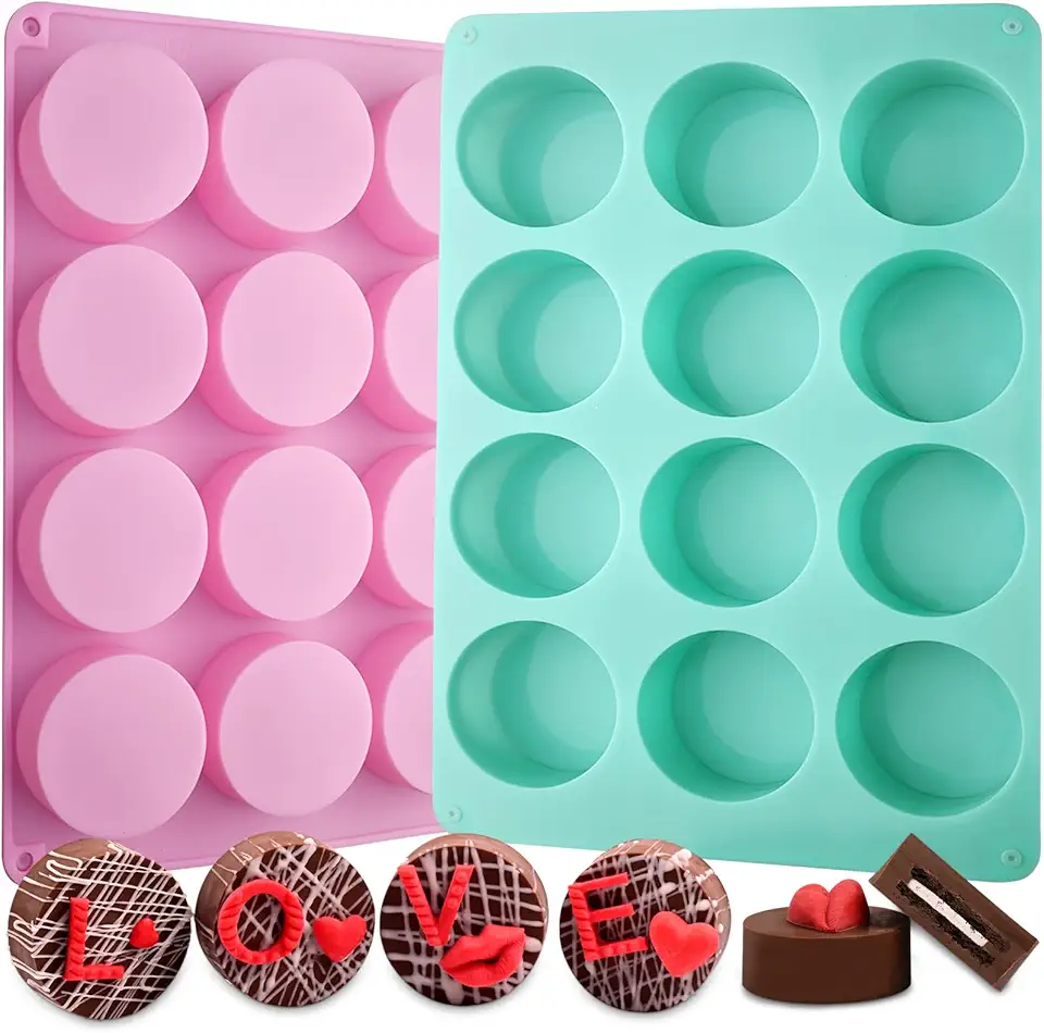 Actvty Round Chocolate Cookie Molds, New Size 12-Cavity Cylinder Chocolate Cover Cookie Silicone Molds for Candy Mini Cakes Jelly Baking（2 Pack）