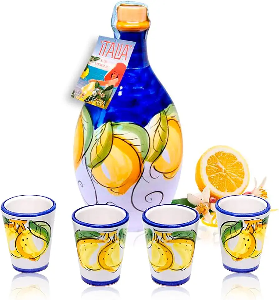 Dolceterra Italian Limoncello Liqour with 4 Handmade Shot Glasses and Reusable Italian Pottery Jar, 16.9 Fl Oz