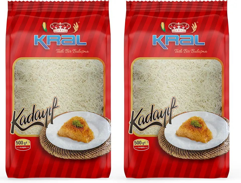 Kral Kataifi Shredded Fillo Dough, Dried Kadayif Pastry Dough, Kataifi, Popular Syrup Sweetened Turkish Desserts, Shredded Phyllo Dough, Kunafa Dough, Loose Kanafeh Pastry 1.1lb (500g), 2 Packs