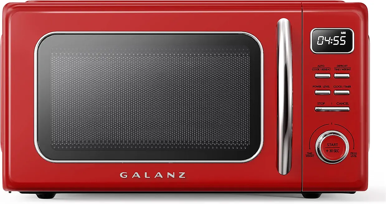 Galanz GLCMKZ11RDR10 Retro Countertop Microwave Oven with Auto Cook &amp; Reheat, Defrost, Quick Start Functions, Easy Clean with Glass Turntable, Pull Handle, 1.1 cu ft, Red