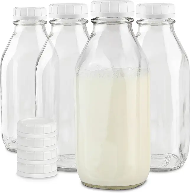 Stock Your Home Liter Glass Milk Bottle with Lid (4 Pack) 32 Oz Jugs and 8 White Caps, Reusable Food Grade Container for Refrigerator, Juice, Oat or Plant Milks, Water, Honey